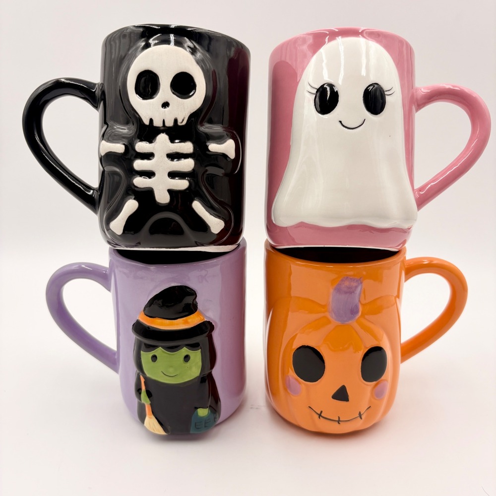 BooVille Halloween Mugs Set of 4 Skeleton Ghost Witch Pumpkin 3D Ceramic Cups